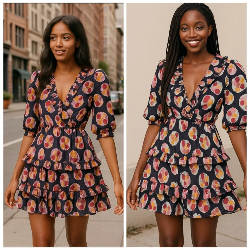 Talulah Anthro Bisous Ruffle Printed Mini Dress Purple Multicolor XS